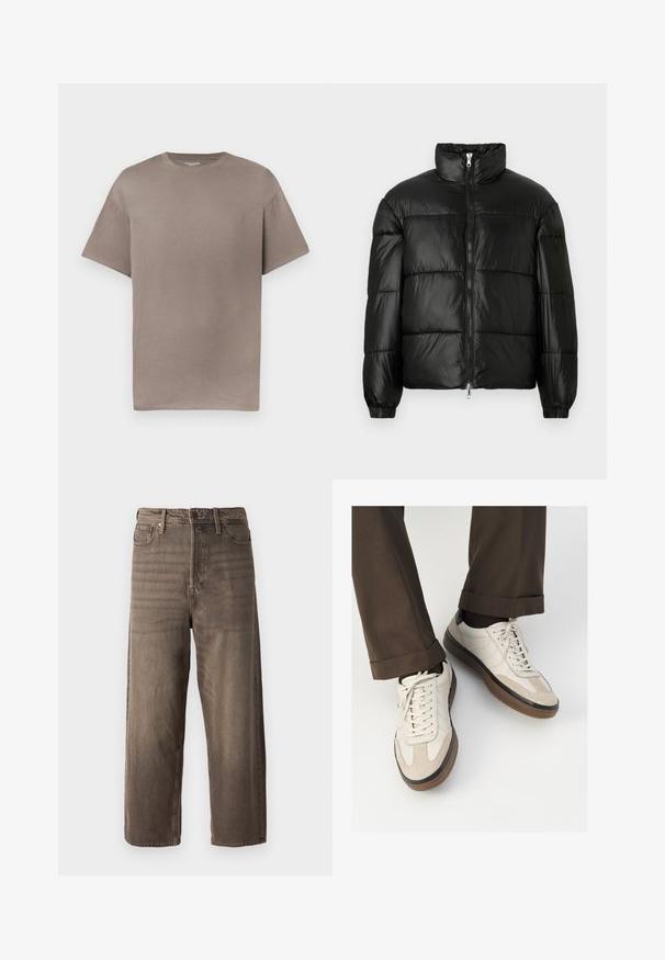 Schwarze Daunenjacke mit hohem Kragen, Reißverschluss vorne, gestepptem Design, elastischen Bündchen und glänzendem, glattem Stofffinish.; Kurzärmeliges T-Shirt mit Rundhalsausschnitt in einem gedämpften Taupe-Farbton, aus Baumwolle, mit entspanntem Schnitt und glatter, weicher Textur.; Braune weit geschnittene Jeans aus Denim. Mit Reißverschluss, Gürtelschlaufen und fünf Taschen. Der Stoff hat eine verblasste, strukturierte Optik.; Beige Sneakers mit einer strukturierten Wildlederfront, glatten Lederseiten und einer braunen Gummisohle. Bändel und helle Nähdetails sind enthalten.