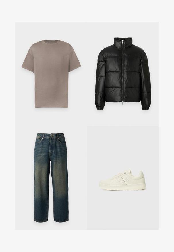 Casaco puffer preto com gola alta, fecho frontal em zíper, design acolchoado, punhos elásticos e acabamento de tecido brilhante e suave.; Camiseta de manga curta e gola redonda numa cor taupe suave, feita de algodão, com um corte descontraído e textura lisa e macia.; Calças de ganga azul com corte reto, apresentando um design desbotado com tons mais claros em direção à bainha, cinco bolsos e fecho com botão.; Sapatilha de cor creme com detalhes perfurados, atacadores e logotipo na lateral, apresentada contra um fundo branco liso.