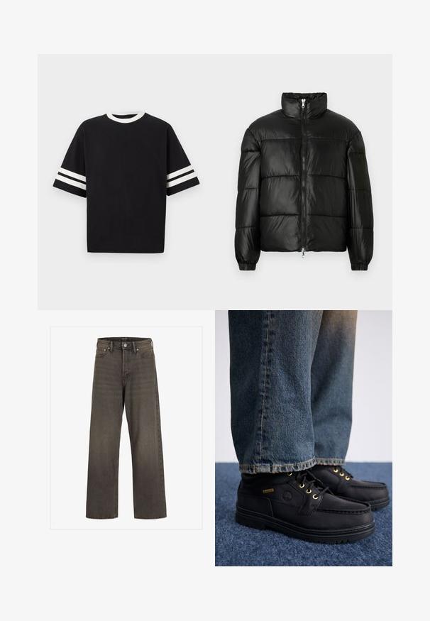 Schwarze Daunenjacke mit hohem Kragen, Reißverschluss vorne, gestepptem Design, elastischen Bündchen und glänzendem, glattem Stofffinish.; Schwarzes T-Shirt mit kurzen Ärmeln aus Baumwolle, mit einem runden weißen Ausschnitt und zwei horizontalen weißen Streifen an jedem Ärmel.; Weite Jeans aus dunkelgrauem Denim mit hoher Taille, klassischem Fünf-Taschen-Design und kontrastierendem Stepp entlang der Nähte.; Schwarze Lederschuhe mit goldenen Ösen und strukturiertem Finish, kombiniert mit blauen Jeans. Die Schuhe haben eine geschichtete Sohle und ein Branddetail.