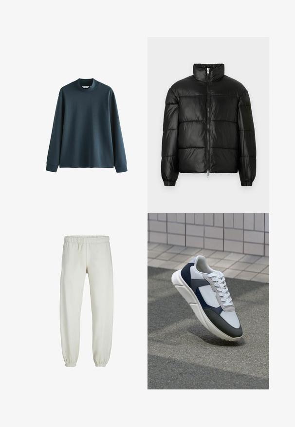 Chaqueta de pluma negra con un cuello alto, cierre frontal con cremallera, diseño acolchado, puños elásticos y acabado de tela brillante y suave.; Sudadera de manga larga azul oscuro con cuello alto, hecha de tela suave. Presenta hombros caídos y puños acanalados. Diseño simple, sin patrones.; Pantalones de chándal blancos hechos de una tela suave, con cinturilla y puños elásticos, que presentan una textura suave y un diseño holgado.; Zapatilla blanca, azul marino y gris con un diseño de materiales mixtos, que presenta una parte superior texturizada, cordones planos y una suela acolchada.