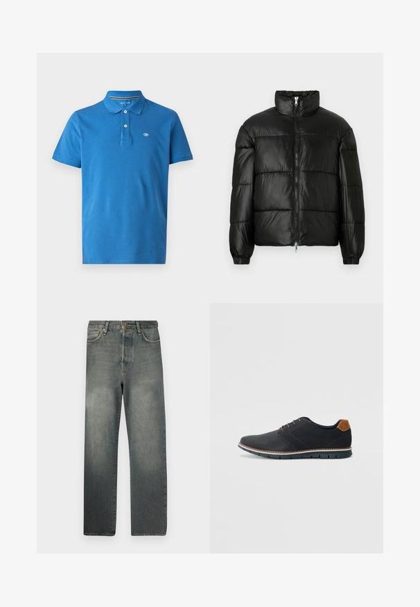 Černá péřová bunda s vysokým límcem, zapínáním na zip, prošívaným designem, elastickými manžetami a lesklým, hladkým povrchem.; Modrá polo košile vyrobená z bavlny, s límečkem, dvouknoflíkovou légu, krátkými rukávy a malým logem na hrudi.; Jack & Jones JJIALEX JJCOOPER - Baggy džíny - black denim; Černé syntetické boty s texturovaným svrškem, hladkými detaily, hnědým podpatkem a kontrastní podrážkou. Obsahují minimální šněrování a švy.