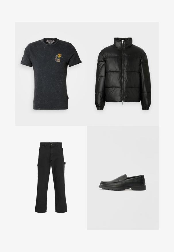 Geacă neagră din material puffy, cu guler înalt, închidere cu fermoar pe față, design matlasat, mansete elastice și finisaj din țesătură lucioasă și netedă.; Cămașă neagră din bumbac cu o croială lejeră, având un grafic frontal cu un craniu, flăcări și trandafir. Textură uzată, mâneci scurte.; Pantaloni cargo negri dintr-un amestec de bumbac. Au picioare largi, buzunare frontale înclinate și un buzunar lateral cu un laț pentru accesorii.; Labeled cu oglindă din piele neagră cu un finisaj neted, partea superioară în stil mocasin, detalii cusute și o talpă din cauciuc. Design clasic cu un toc jos.