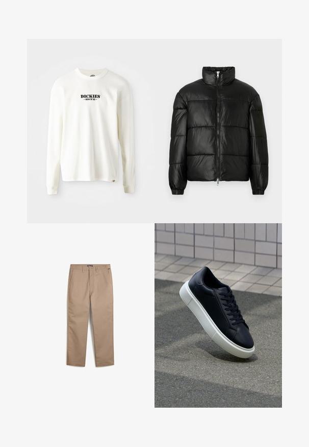 Mustat puffer-takki korkealla kauluksella, vetoketjukiinnitys edessä, tikattu malli, joustavat hihansuut ja kiiltävä, sileä kangasviimeistely.; Valkoinen pitkähihainen ribbipaita, jossa on musta logo "DICKIES" ja tekstillä "SINCE '22" alla. Pyöreä kaula-aukko ja hihansuut.; Beige chinot valmistettu puuvillasekoitteesta, jossa on suora lahkeiden muotoilu, etutaskut ja nappisuljenta klassisen ilmeen saavuttamiseksi.; Mustat nahkakengät, joissa on pyöristetty kärki ja valkoinen kumipohja. Varusteena litteät nauhat ja minimaalinen ommel ylhäällä. Teksturoitu pohja pitävyyden lisäämiseksi.