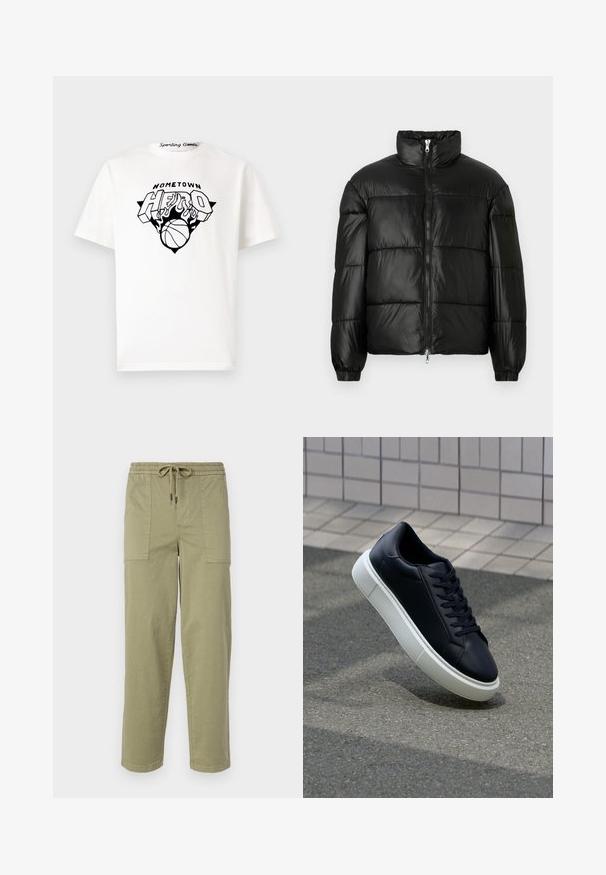 Black puffer jacket with a high collar, zip front closure, quilted design, elastic cuffs, and shiny, smooth fabric finish.; White cotton t-shirt featuring a black graphic print with "HOMETOWN HERO," flames, and a basketball design centered on the front.; Light olive green pants made of cotton blend fabric, featuring an elastic waistband with drawstring, and two large side pockets.; Black leather sneaker with rounded toe and white rubber sole. Features flat laces and minimal stitching on the upper. Textured sole for grip.