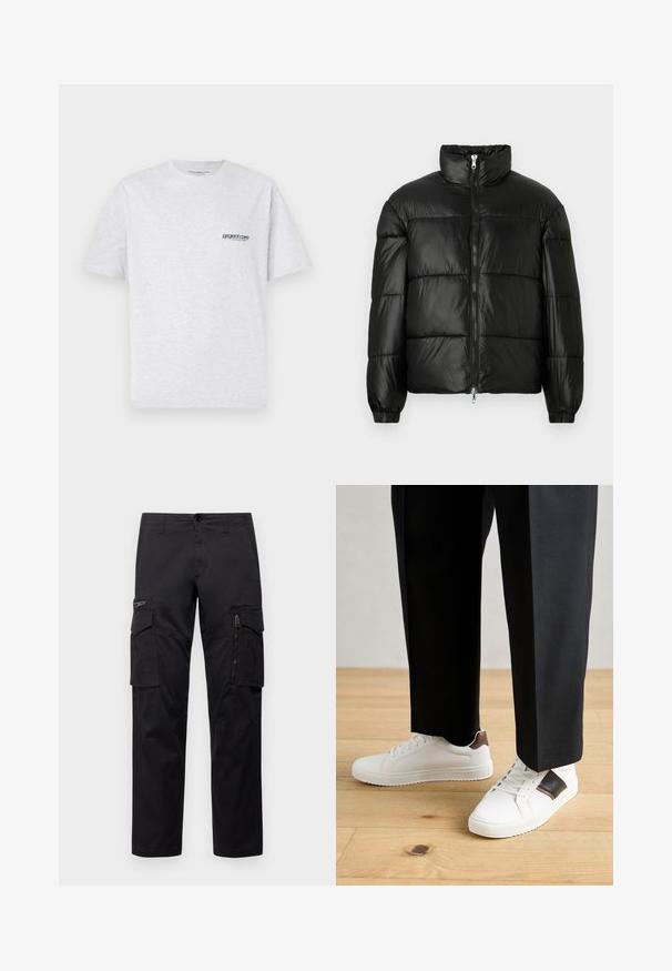 Sort puffet jakke med høj krave, lynlås foran, quiltet design, elastiske manchetter og skinnende, glat stoffinish.; Grå t-shirt med korte ærmer, der har et lille blåt "project core" logo på venstre side af brystet, præsenteret på en ensfarvet baggrund.; Sorte cargo-bukser med multiple lommer, en lynlåslomme på låret, lige pasform og holdbart bomuldsstof med let glans.; Hvide sneakers med glat tekstur, prydet med brune læderdetaljer og sorte detaljer, sammen med sorte skræddersyede bukser. Baggrund med trægulv.