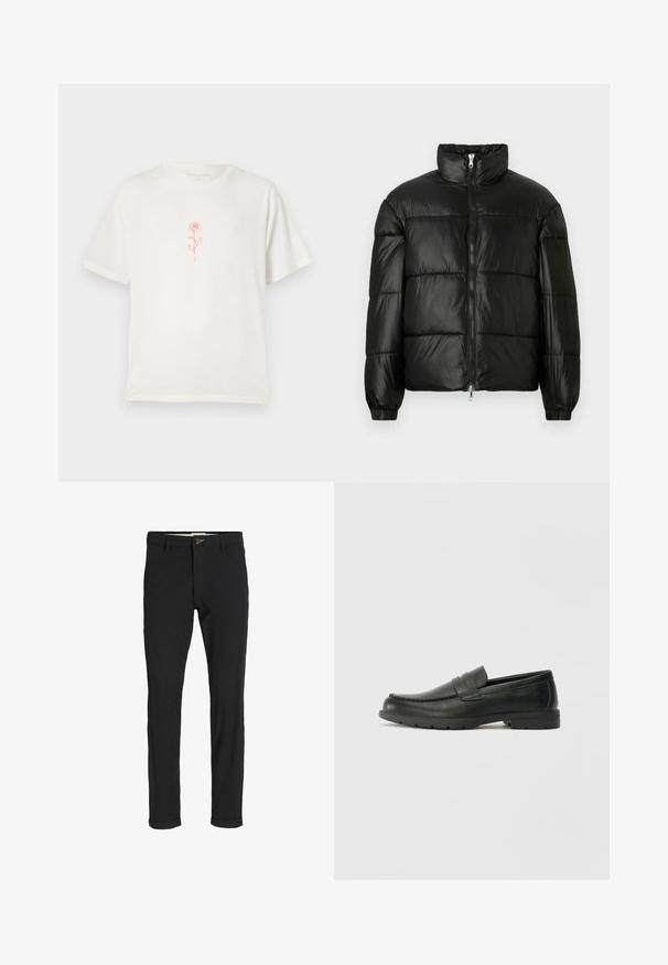 Sort puffet jakke med høj krave, lynlås foran, quiltet design, elastiske manchetter og skinnende, glat stoffinish.; Cremefarvet t-shirt med et enkelt rødt rosenmotiv i midten, sat mod en plain hvid baggrund.; Sorte bomuldsblandede bukser med slim fit, der har en knaplukning, lommer og opbrugte stumper for et afslappet udtryk.; Sorte læderslippers med en glat finish, mokkasin-stil overdel, syninger og gummisål. Klassisk design med en lav hæl.