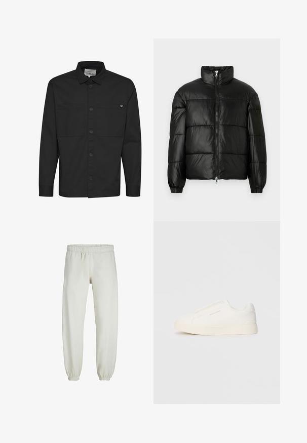 Black puffer jacket with a high collar, zip front closure, quilted design, elastic cuffs, and shiny, smooth fabric finish.; Black long-sleeve shirt featuring a button-up front, two chest pockets, and a pointed collar. Made from smooth fabric with a matte finish.; White sweatpants made from soft fabric, featuring an elastic waistband and cuffs, with a smooth texture and loose-fitting design.; White slip-on sneakers with a textured surface, a thick sole, and minimalistic design. Features brand logo on the side.