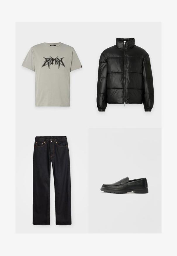 Μαύρο μπουφάν με φουσκωτό σχέδιο, ψηλό γιακά, κλείσιμο με φερμουάρ μπροστά, ραφές τύπου καπιτονέ, ελαστικές μανσέτες και γυαλιστερή, λεία υφή.; Ανοιχτό γκρι T-shirt από βαμβάκι με μαύρο γραφικό λογότυπο με έντονα γράμματα. Μικρά μανίκια και κανονικός σχεδιασμός crew neck.; Ανδρικό τζιν παντελόνι σε ευθεία γραμμή, μαύρου χρώματος, με πέντε τσέπες και πορτοκαλί ραφές, με κουμπί και φερμουάρ στον μπροστινό ιμάντα.; Μαύρα δερμάτινα παπούτσια loafers με λείο φινίρισμα, άνω μέρος τύπου μωκιανός, ραμμένες λεπτομέρειες και καουτσούκ σόλα. Κλασικός σχεδιασμός με χαμηλό τακούνι.