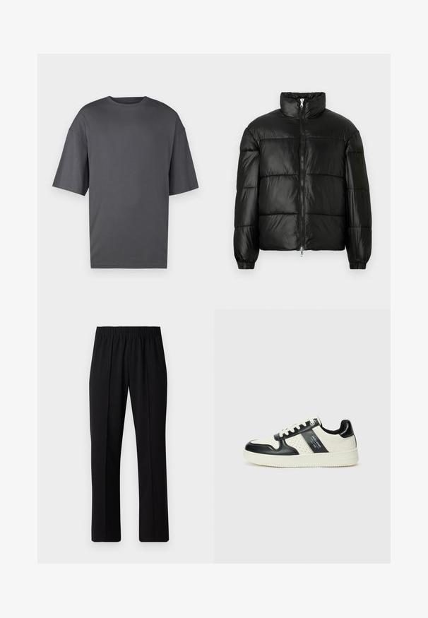 Black puffer jacket with a high collar, zip front closure, quilted design, elastic cuffs, and shiny, smooth fabric finish.; Oversized dark gray T-shirt made of soft cotton, featuring a classic crew neck, short sleeves, and a simple, smooth texture.; Black, elastic-waist trousers with a straight-leg design, featuring a smooth texture and no visible patterns or hardware.; Leather sneakers with a black and cream color scheme, featuring perforated accents, a padded collar, and a textured outsole.