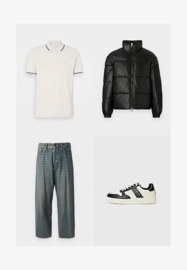 Fekete puffernadrág magas gallérral, cipzáras elülső záródással, steppelt kialakítással, elasztikus mandzsettákkal és fényes, sima szövetfelülettel.; Krém színű póló ing három gombos nyakkivágással, rövid ujjal, tengerészkék színű gallérral és ujjak hangsúlyozásával. Puha pamut keverék anyag.; Világoskék farmernadrág, laza fazonnal, közepes derékbőséggel és egyenes szárral. Öt zsebet, övbucskát és gombos záródást tartalmaz.; Fekete és krém színű bőrsneaker, perforált díszítésekkel, párnázott bokapánttal és texturált talppal.
