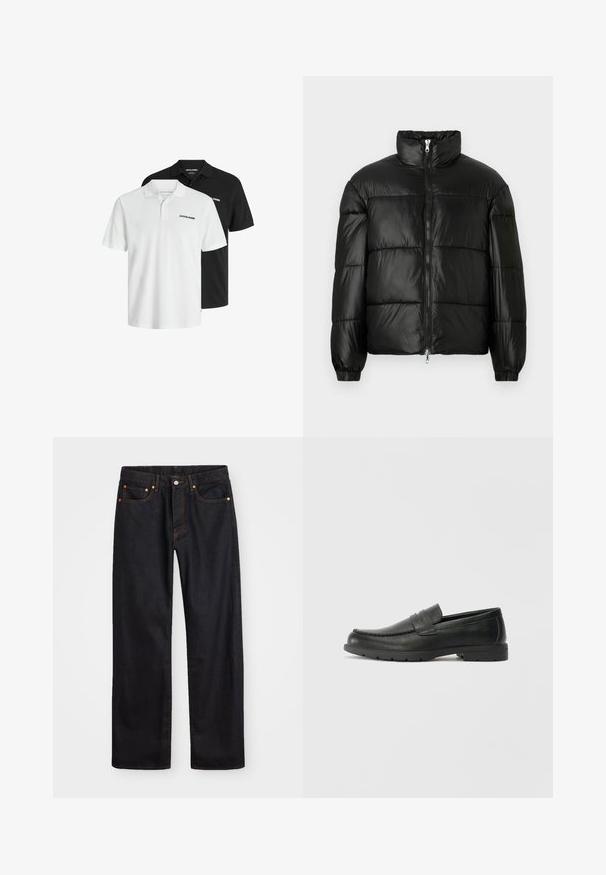 Juodas pūkinis švarkas su aukštu apykakle, užtrauktuko priekyje, siuvinėtu dizainu, elastingais rankogaliais ir blizgia, lygiąja audinio apdaila.; Duonos trumpomis rankovėmis polo marškiniai juodos ir baltos spalvų, pagaminti iš medvilnės su subtiliu tekstūruotu paviršiumi; turi apykaklę ir logotipo akcentą.; Vyrų tiesaus kirpimo juodi džinsai iš denim medžiagos, su penkiomis kišenėmis ir oranžinėmis siūlėmis, su mygtuko ir užtrauktuko uždarymu ant priekio.; Juodai odiniai loaferiai su sklandžiu paviršiumi, mokasino stiliaus viršus, siuvinėjimu ir guminėmis padangomis. Klasikinis dizainas su žemu kulnu.
