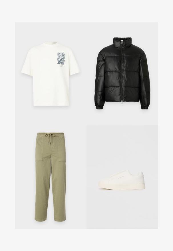 Chaqueta de pluma negra con un cuello alto, cierre frontal con cremallera, diseño acolchado, puños elásticos y acabado de tela brillante y suave.; Camiseta de algodón blanca con mangas cortas, escote redondo y un diseño gráfico artístico gris en el lado izquierdo del pecho que presenta formas abstractas.; Pantalones verde oliva claro hechos de una mezcla de algodón, con una cinturilla elástica y cordón, y dos grandes bolsillos laterales.; Zapatillas blancas tipo slip-on con una superficie texturizada, suela gruesa y diseño minimalista. Presenta el logo de la marca en un lado.