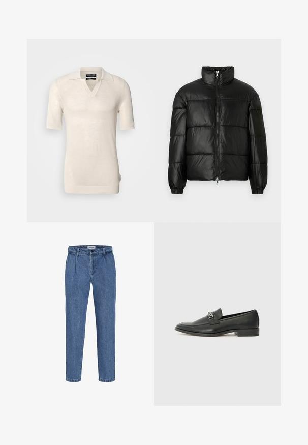 Fekete puffernadrág magas gallérral, cipzáras elülső záródással, steppelt kialakítással, elasztikus mandzsettákkal és fényes, sima szövetfelülettel.; Világos bézs színű, rövid ujjú pulóver V-kivágással és lapos gallérral. Texturált kötött anyagból készült, finom mintázattal és oldalsó címkével.; Világoskék farmernadrág laza szabással, magas derékkal, két elülső pliszéval és felhajtott szárral. Egyszerű gombos és cipzáras záródás.; Fekete bőr loaferek sima felülettel, varrott mintával és díszítő fém lánccal a cipő elején. Lapos sarok.
