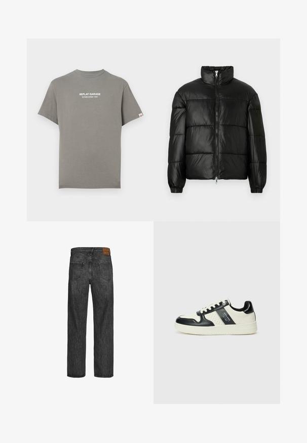 Chaqueta de pluma negra con un cuello alto, cierre frontal con cremallera, diseño acolchado, puños elásticos y acabado de tela brillante y suave.; Camiseta gris de manga corta con cuello redondo. Presenta el texto impreso en blanco "REPLAY GARAGE ESTABLISHED 1981" en el frente. Corte estándar.; Jeans de mezclilla negra con un diseño de pierna recta, estilo de cinco bolsillos y un parche de cuero marrón en la cinturilla. Tejido texturizado con detalles de costura.; Zapatillas de cuero con un esquema de colores negro y crema, que cuentan con acentos perforados, un collar acolchado y una suela texturizada.