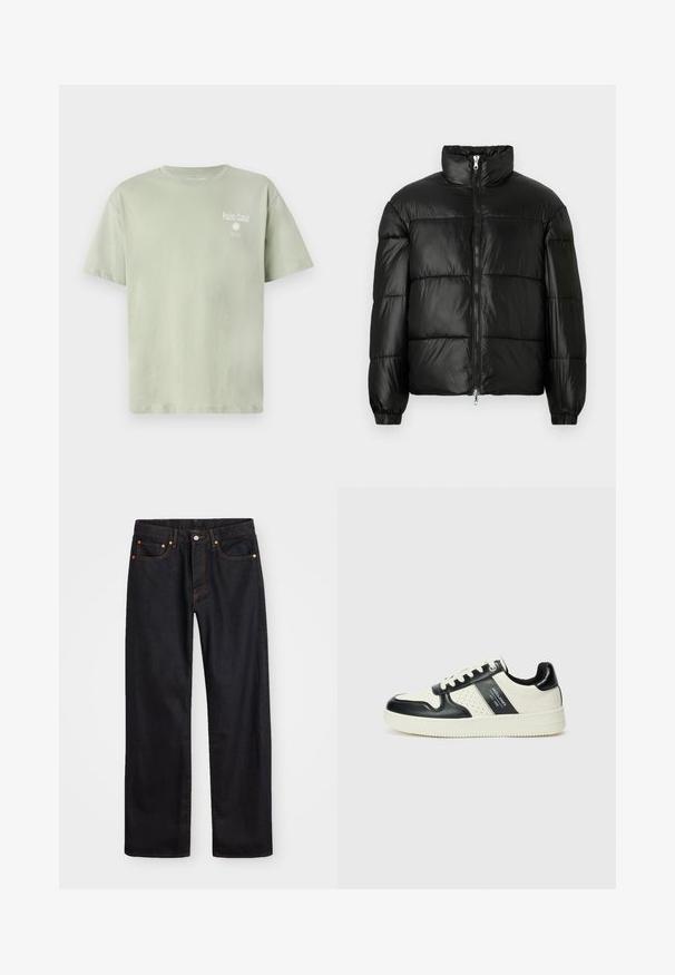 Schwarze Daunenjacke mit hohem Kragen, Reißverschluss vorne, gestepptem Design, elastischen Bündchen und glänzendem, glattem Stofffinish.; Hellgrünes Baumwoll-T-Shirt mit kurzen Ärmeln, auf der Vorderseite mit dem Text "Palm Coast" und einer Sonnengrafik in Weiß.; Herren gerade geschnittene schwarze Jeans aus Denim mit fünf Taschen und orangefarbenen Nähten, Knopf- und Reißverschluss vorne am Bund.; Leder-Sneaker in Schwarz- und Cremetönen, mit perforierten Akzenten, einem gepolsterten Kragen und einer strukturierten Laufsohle.