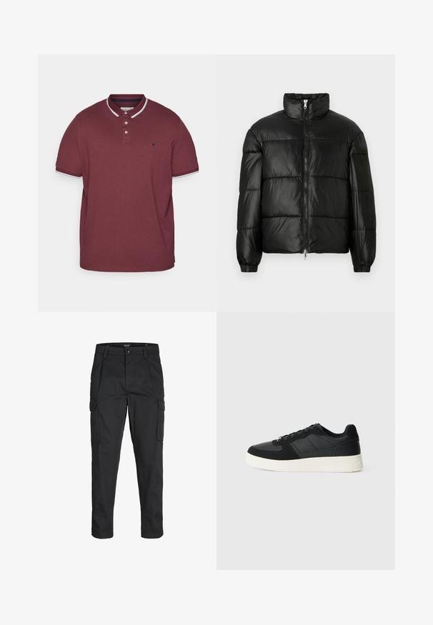 Črna pufasta jakna z visokim ovratnikom, z zadrgo spredaj, prešito zasnovo, elastičnimi manšetami in sijočim, gladkim zaključkom tkanine.; Burgundska polo majica iz bombaža, ki ima klasičen ovratnik, tri gumbke, bele poudarke na ovratniku in rokavih ter logotip na prsih.; Črne cargo hlače iz trdnega blaga, ki imajo več žepov, gumbasto zapiranje in ozek kroj z zožanimi nogami.; Črne nizke teniske z teksturiranim usnjem in paneli iz semiša, bela gumijasta podloga in črne vezalke na enobarvni svetli podlagi.