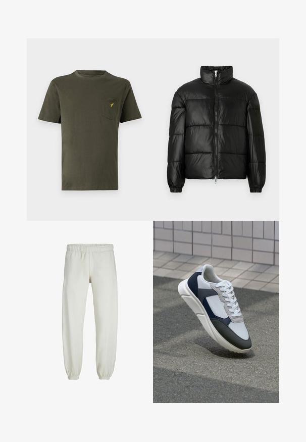 Chaqueta de pluma negra con un cuello alto, cierre frontal con cremallera, diseño acolchado, puños elásticos y acabado de tela brillante y suave.; Camiseta de algodón verde oliva con cuello redondo, mangas cortas y un bolsillo en el pecho izquierdo que presenta un pequeño logo amarillo. Textura suave.; Pantalones de chándal blancos hechos de una tela suave, con cinturilla y puños elásticos, que presentan una textura suave y un diseño holgado.; Zapatilla blanca, azul marino y gris con un diseño de materiales mixtos, que presenta una parte superior texturizada, cordones planos y una suela acolchada.