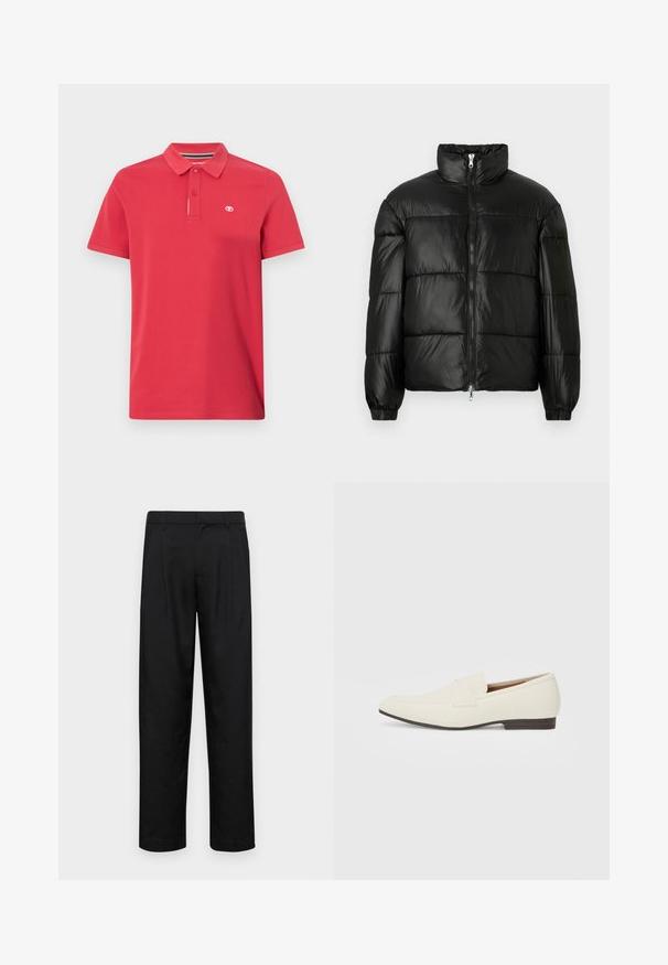 Giacca a vento nera con colletto alto, chiusura frontale con zip, design trapuntato, polsini elasticizzati e finitura in tessuto lucido e liscio.; Polo shirt rosso in cotone con colletto classico, patta con tre bottoni e piccolo logo ricamato sul lato sinistro del petto. Maniche corte.; Pantaloni neri realizzati in tessuto liscio, caratterizzati da un taglio dritto, due pieghe frontali e una vita standard con passanti per la cintura.; Mocassini beige chiaro con punta affusolata, materiale liscio, una fascia sulla tomaia e una suola bassa marrone. Design semplice con accenti minimi.