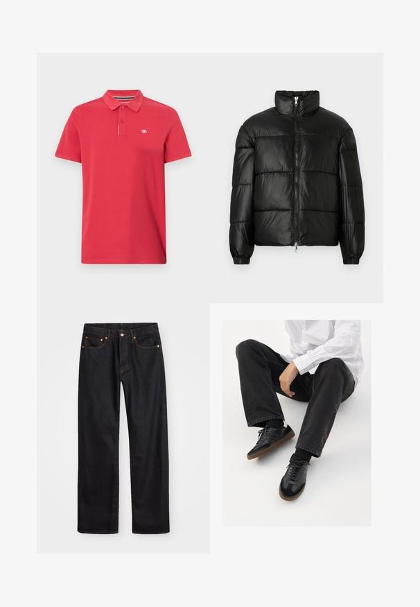 Black puffer jacket with a high collar, zip front closure, quilted design, elastic cuffs, and shiny, smooth fabric finish.; Red polo shirt made of cotton with a classic collar, three-button placket, and small logo embroidered on the left chest. Short sleeves.; Men’s straight-leg black denim jeans with five pockets and orange stitching, button and zip closure on front waistband.; Black sneakers with a smooth and textured upper, featuring a rubber sole and dark laces. Paired with black jeans and a white striped shirt.