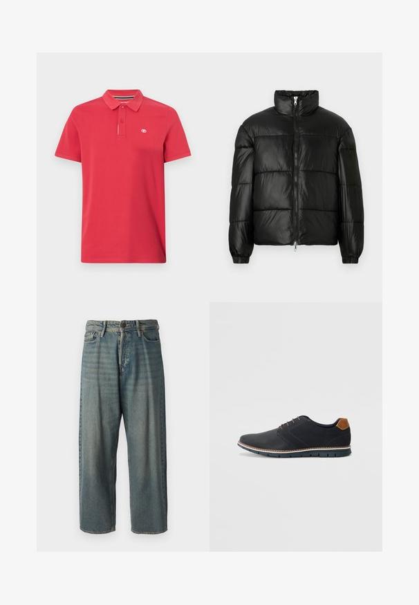 Črna pufasta jakna z visokim ovratnikom, z zadrgo spredaj, prešito zasnovo, elastičnimi manšetami in sijočim, gladkim zaključkom tkanine.; Rdeča polo majica iz bombaža s klasičnim ovratnikom, zapenjanjem na tri gumbe in majhnim logotipom izvezenim na levem prsnem delu. Kratki rokavi.; Svetlomoderne kavbojke z ohlapnim krojem, srednjim pasom in ravnimi nogami. Imajo pet žepov, zanke za pas in zapiranje na gumb.; Črne sintetične čevlje z teksturirano zgornjščino, gladkimi akcenti, rjavim petnim delom in kontrastnim podplatom. Imajo minimalno vezanje in detajle šivanja.