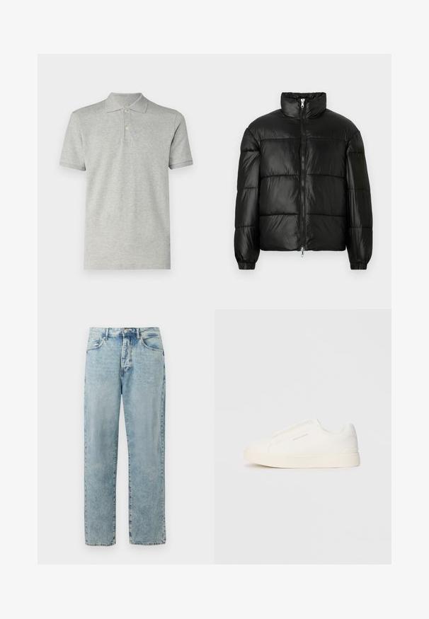 Fekete puffernadrág magas gallérral, cipzáras elülső záródással, steppelt kialakítással, elasztikus mandzsettákkal és fényes, sima szövetfelülettel.; GAP Pólóing - heather grey; Világoskék, egyenes szárú farmernadrág gombos és cipzáros záródással, elülső zsebekkel és finom fakulási részletekkel.; Fehér slip-on sportcipők texturált felülettel, vastag talppal és minimalista dizájnnal. Az oldalon a márka logója található.