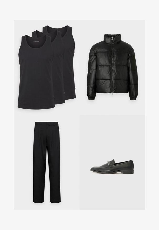 Μαύρο μπουφάν με φουσκωτό σχέδιο, ψηλό γιακά, κλείσιμο με φερμουάρ μπροστά, ραφές τύπου καπιτονέ, ελαστικές μανσέτες και γυαλιστερή, λεία υφή.; Μαύρα βαμβακερά τοπ σε σετ τριών. Διαθέτουν στρογγυλή λαιμόκοψη, χωρίς μανίκια και ευθύ στρίφωμα. Λείος υφασμάτινος χαρακτήρας, ελάχιστη επωνυμία.; Μαύρο παντελόνι από λείο ύφασμα, με ίσια γραμμή, δύο μπροστινές πιέτες και κανονική μέση με θηλιές ζώνης.; Μαύρη δερμάτινη λοφάρα με λείο φινίρισμα, που διαθέτει ραμμένο σχέδιο και διακοσμητική μεταλλική αλυσίδα πάνω από το μπροστινό μέρος. Χαμηλή φτέρνα.