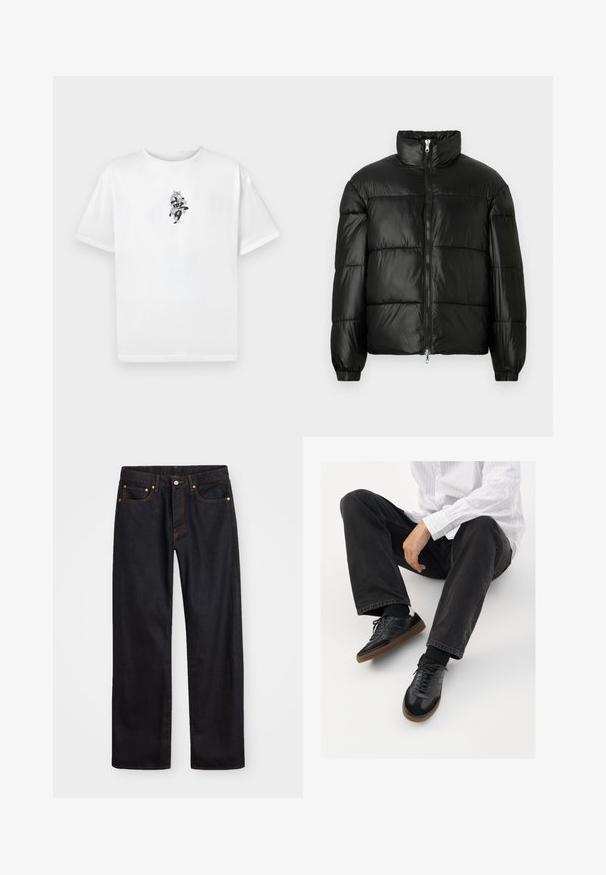 Casaco puffer preto com gola alta, fecho frontal em zíper, design acolchoado, punhos elásticos e acabamento de tecido brilhante e suave.; T-shirt de algodão branco com mangas curtas e decote redondo, apresentando um design gráfico preto no centro que exibe elementos abstratos.; Calças de ganga pretas para homem, de pernas retas, com cinco bolsos e costura laranja, fecho de botão e zíper na cintura da frente.; Sneakers pretos com parte superior lisa e texturada, apresentando uma sola de borracha e atacadores escuros. Combinados com jeans pretos e uma camisa branca às riscas.
