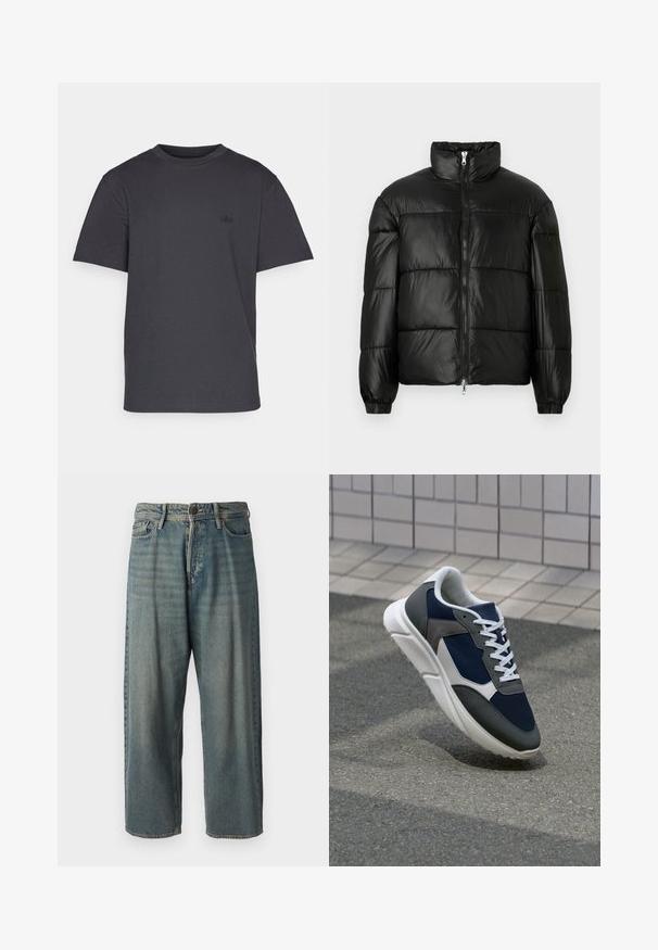 Black puffer jacket with a high collar, zip front closure, quilted design, elastic cuffs, and shiny, smooth fabric finish.; GAP LOGO ORIGINAL - Basic T-shirt - moonless night; Light blue denim jeans with a loose fit, mid-rise waist, and straight legs. Features five pockets, belt loops, and a button closure.; Sneaker featuring a navy blue mesh upper, gray suede accents, white rubber sole, and flat white laces, designed for comfort and breathability.