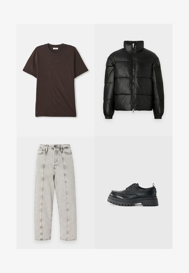 Must mustaga jakker, millel on kõrge krae, luku esikinnitus, tikanditud disain, elastsed mansetid ja läikiv, sile kangast viimistlus.; Tumepruun lühikeste varrukate ja ümarat kaelusega T-särk, millel on "SANDRO" logo keskelt rinnal ja silt kaeluses.; Halli kõrge vöökohaga teksad, mis on laia lõikega, sirge jala disainiga, nähtavate õmblustega ja kulunud tekstuuriga.; Must musta nahkkingad, paksu robustse tallaga ja metallist silmadega varvaste piirkonnas, pildistatud ühevärvilise heleda tausta ees.