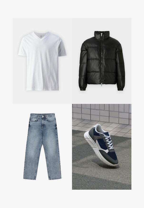 Svart pufferjakke med høy krage, glidelås foran, quiltet design, elastiske mansjetter og blank, glatt stofffinish.; Kortermet, V-hals hvit T-skjorte laget av bomull. Har et enkelt design med en jevn tekstur og en avslappet passform.; Lys blå denimjeans med rett benkutt, synlige sømmer, fem lommers design og knappelukking i livet.; Sneakers med en navy blå mesh-overdel, grå sømværk, hvit gummisåle og flate hvite snører, designet for komfort og pusteevne.