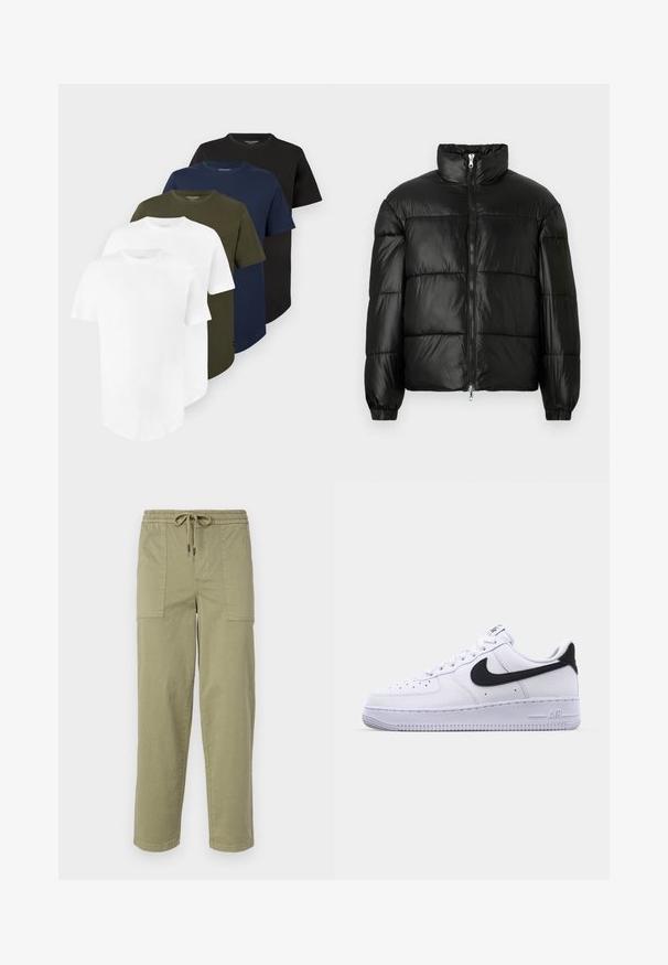 Black puffer jacket with a high collar, zip front closure, quilted design, elastic cuffs, and shiny, smooth fabric finish.; Five plain short-sleeve crewneck t-shirts in white, olive green, navy blue, and black, arranged in a layered stack.; Light olive green pants made of cotton blend fabric, featuring an elastic waistband with drawstring, and two large side pockets.; White leather sneaker with a textured black Swoosh, flat laces, and a rubber sole featuring a ridged pattern. "AIR" is embossed on the heel.