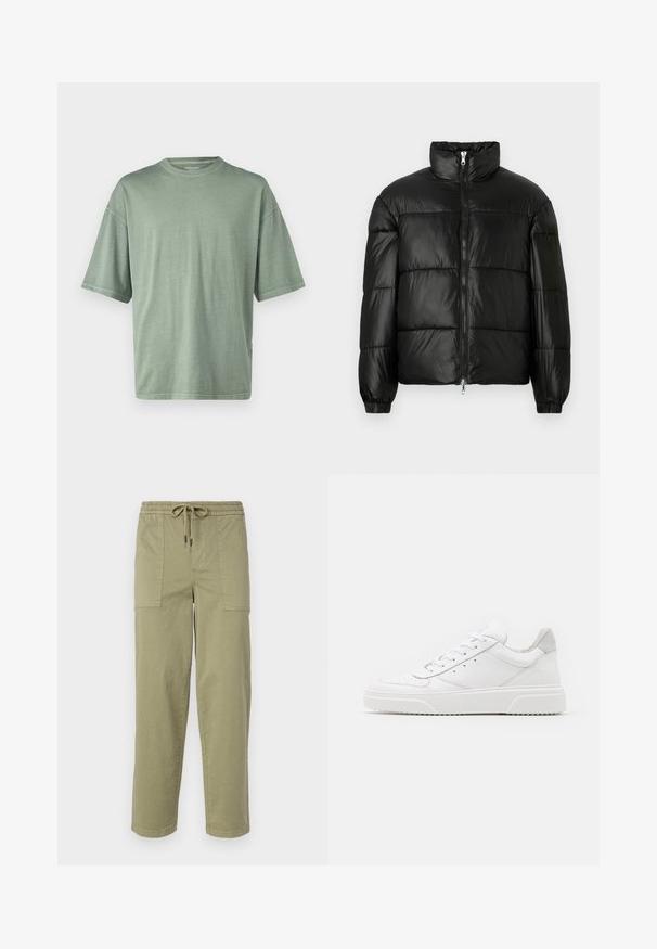 Svart puffjacka med hög krage, dragkedja fram, kviltat mönster, elastiska ärmslut och en blänkande, slät ytfinish.; Ljusgrön kortärmad t-shirt med rundad halsringning och avslappnad passform; tillverkad av mjukt material med en slät textur.; Ljus olivgröna byxor i en bomullsblandning, med elastisk midja och dragsko, samt två stora sidofickor.; Vita lädersneakers med en slät yta, rund tå, platta snören och en texturerad sula. Grå mockadetalj vid hälen.