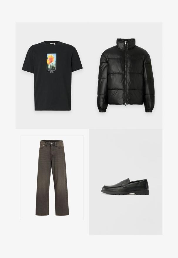 Black puffer jacket with a high collar, zip front closure, quilted design, elastic cuffs, and shiny, smooth fabric finish.; Black cotton t-shirt featuring a central floral graphic of orange flowers with green stems, accented with text in white and blue.; Wide-leg jeans in dark grey denim, featuring a high waist, classic five-pocket design, and contrasting stitching along the seams.; Black leather loafers with a smooth finish, moccasin-style upper, stitched detailing, and a rubber sole. Classic design with a low heel.