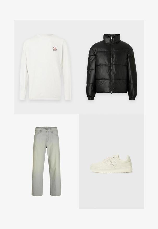 Black puffer jacket with a high collar, zip front closure, quilted design, elastic cuffs, and shiny, smooth fabric finish.; White long-sleeve shirt with small red globe graphic and black text "THE WORLD IS WAITING" on upper left chest.; Light gray, straight-leg jeans with a classic five-pocket design, button closure, and belt loops. Made of denim fabric with a smooth texture.; Cream-colored sneaker with perforated detailing, laces, and logo on the side, displayed against a plain white background.