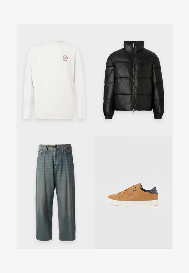 Μαύρο μπουφάν με φουσκωτό σχέδιο, ψηλό γιακά, κλείσιμο με φερμουάρ μπροστά, ραφές τύπου καπιτονέ, ελαστικές μανσέτες και γυαλιστερή, λεία υφή.; Λευκό πουκάμισο με μακριά μανίκια, με μικρή κόκκινη γραφική εικόνα σφαίρας και μαύρο κείμενο "Ο ΚΟΣΜΟΣ ΠΕΡΙΜΕΝΕΙ" στο άνω αριστερό μέρος του στήθους.; Ανοιχτό μπλε τζιν παντελόνι με χαλαρή γραμμή, μέση μέσου ύψους και ευθείες γραμμές. Περιλαμβάνει πέντε τσέπες, θηλιές ζώνης και κούμπωμα με κουμπί.; Καφέ δερμάτινο αθλητικό παπούτσι με λευκή καουτσούκ σόλα, διαθέτει στρογγυλά κορδόνια, μπλε λεπτομέρεια και λεία υφή. Απλό, χαμηλού προφίλ σχέδιο.