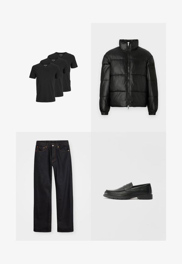 Melna pūkainā jaka ar augstu apkakli, rāvējslēdzēja priekšējo aizdari, quilted dizainu, elastīgām piedurknēm un spīdīgu, gludu auduma apdari.; Melnas kokvilnas v-veida t-krekli, ar īsām piedurknēm un parasto piegriezumu, piedāvāti trīs iepakojumā. Gluda faktūra, bez rakstiem vai akcentiem.; Vīriešu taisno kāju melnie džinsi ar piecām kabatām un oranžu izšuvumu, ar pogu un zipa aizdari priekšējā jostas daļā.; Melnas ādas loafers ar gludu apdari, mokasīnu stila augšdaļu, šūtu detalizāciju un gumijas zoli. Klasisks dizains ar zemu papēdi.