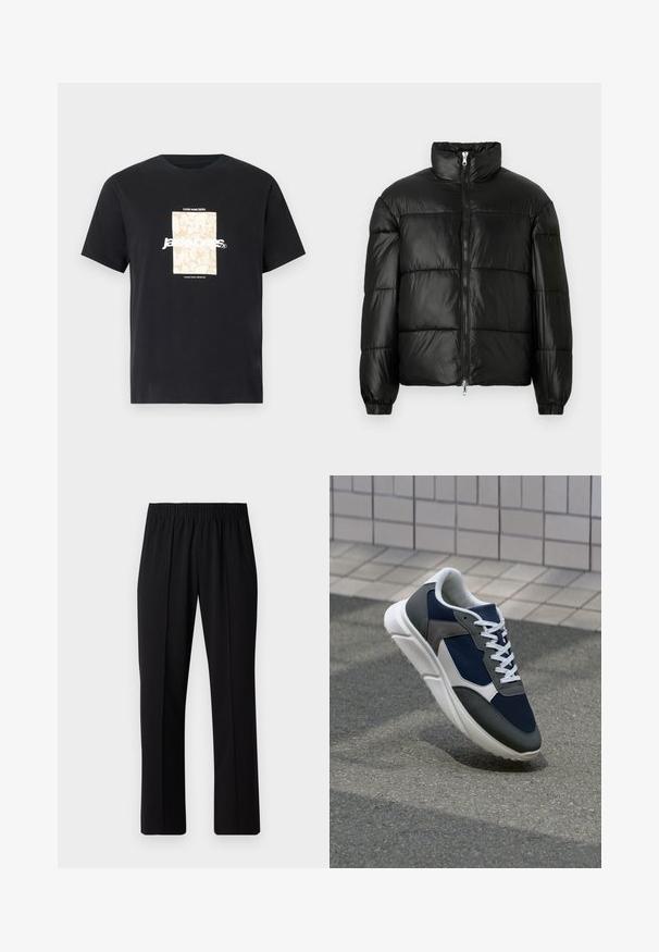Black puffer jacket with a high collar, zip front closure, quilted design, elastic cuffs, and shiny, smooth fabric finish.; Black cotton t-shirt with round neck. Features a beige rectangular graphic and white text, "JAWO," centered on the front. Short sleeves.; Black, elastic-waist trousers with a straight-leg design, featuring a smooth texture and no visible patterns or hardware.; Sneaker featuring a navy blue mesh upper, gray suede accents, white rubber sole, and flat white laces, designed for comfort and breathability.