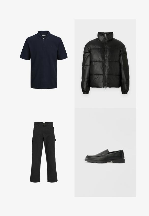 Čierna páperová bunda s vysokým golierom, predným zipsom, prešívaným dizajnom, elastickými manžetami a lesklým hladkým materiálom.; Námornícka polo košeľa s krátkymi rukávmi, textúrovaná látka, golier a polovičný zips. Obsahuje malé logo na ľavej hrudi.; Čierne cargo nohavice z bavlnenej zmesi. Majú široké nohy, predné šikmé vrecká a bočné vrecko s očkom na doplnky.; Čierne kožené mokasíny s hladkým povrchom, vrchnou časťou v štýle mokasín, prešitým detailom a gumovou podrážkou. Klasický dizajn s nízkym podpätkom.