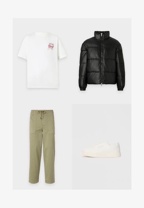Doudoune noire avec un col montant, fermeture éclair sur le devant, design matelassé, poignets élastiques et finition en tissu lisse et brillant.; T-shirt en coton blanc à manches courtes avec un graphique de logo rouge faisant apparaître "OFF THE Grid" sur la zone gauche de la poitrine.; Pantalons vert olive clair en tissu mélangé coton, dotés d'une taille élastique avec cordon de serrage et de deux grandes poches latérales.; Baskets blanches sans lacets avec une surface texturée, une semelle épaisse et un design minimaliste. Présente le logo de la marque sur le côté.