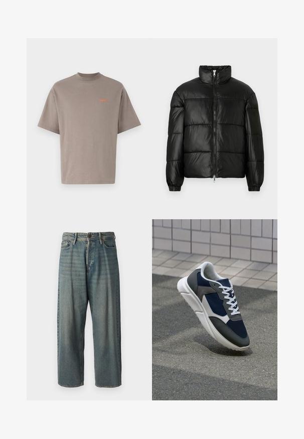 Sort puffet jakke med høj krave, lynlås foran, quiltet design, elastiske manchetter og skinnende, glat stoffinish.; Taupe bomulds t-shirt med afslappet pasform, kortærmede og rund hals. Har et lille orange "bareen" logo på brystet.; Lyseblå denim jeans med løs pasform, mellemhøj talje og lige ben. Har fem lommer, bæltestropper og en knappelukning.; Sneakers med en overdel i marineblå mesh, grå suedeteksturer, hvid gummisål og flade hvide snørebånd, designet til komfort og åndbarhed.