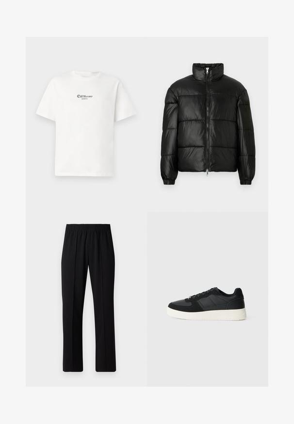 Svart pufferjakke med høy krage, glidelås foran, quiltet design, elastiske mansjetter og blank, glatt stofffinish.; Hvit bomull t-skjorte med korte ermer som har et grønt grafisk trykk med teksten "CATAVINO" og "BENICO" på framsiden.; Svart, elastisk midjebukser med rett ben-design, med en glatt tekstur og uten synlige mønstre eller maskinvare.; Svart lavtopp sneakers med teksturert lær og semskede paneler, hvit gummisåle og svarte snørebånd på en enkel lys bakgrunn.