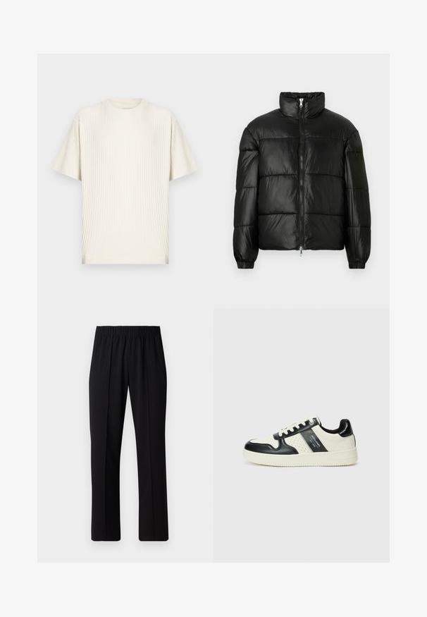 Μαύρο μπουφάν με φουσκωτό σχέδιο, ψηλό γιακά, κλείσιμο με φερμουάρ μπροστά, ραφές τύπου καπιτονέ, ελαστικές μανσέτες και γυαλιστερή, λεία υφή.; Κρεμ χρώματος ribbed κοντομάνικο T-shirt με στρογγυλή λαιμόκοψη και άνετη εφαρμογή, εμφανίζεται σε απλό ανοιχτό φόντο.; Μαύρο παντελόνι με ελαστική μέση και ίσια γραμμή, με λεία υφή και χωρίς εμφανή σχέδια ή μεταλλικά στοιχεία.; Δερμάτινα sneakers με μαύρο και κρεμ χρωματικό σχέδιο, με διάτρητες λεπτομέρειες, επενδεδυμένο κολάρο και υφή στη σόλα.