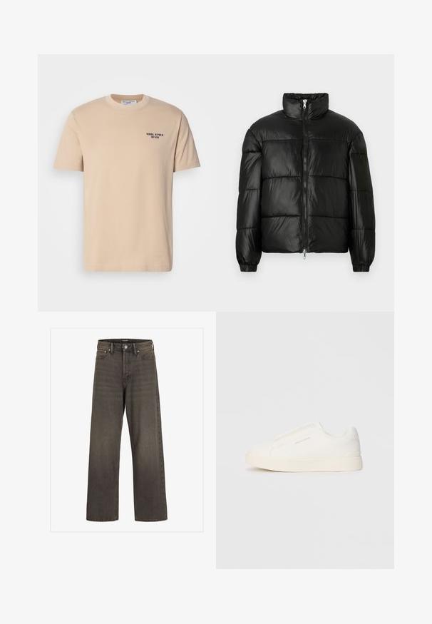 Čierna páperová bunda s vysokým golierom, predným zipsom, prešívaným dizajnom, elastickými manžetami a lesklým hladkým materiálom.; Béžové bavlnené tričko s krátkymi rukávmi, okrúhlym výstrihom a malým námorníckym logom na ľavej hrudi. Hladká textúra, jednoduchý dizajn.; Džínsy s širokými nohavicami v tmavošedej džínsovine, s vysokým pásom, klasickým dizajnom s piatimi vreckami a kontrastným šitím pozdĺž švov.; Biele slip-on tenisky s textúrovaným povrchom, hrubou podrážkou a minimalistickým dizajnom. Obsahuje logo značky na boku.