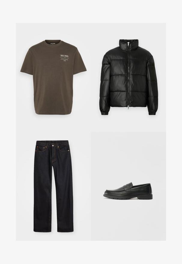 Casaco puffer preto com gola alta, fecho frontal em zíper, design acolchoado, punhos elásticos e acabamento de tecido brilhante e suave.; T-shirt castanho de manga curta feito de algodão, com decote redondo e uma pequena impressão gráfica branca no lado esquerdo.; Calças de ganga pretas para homem, de pernas retas, com cinco bolsos e costura laranja, fecho de botão e zíper na cintura da frente.; Sapatos mocassins de couro preto com acabamentos lisos, parte superior em estilo mocassins, detalhes em costura e sola de borracha. Design clássico com um salto baixo.