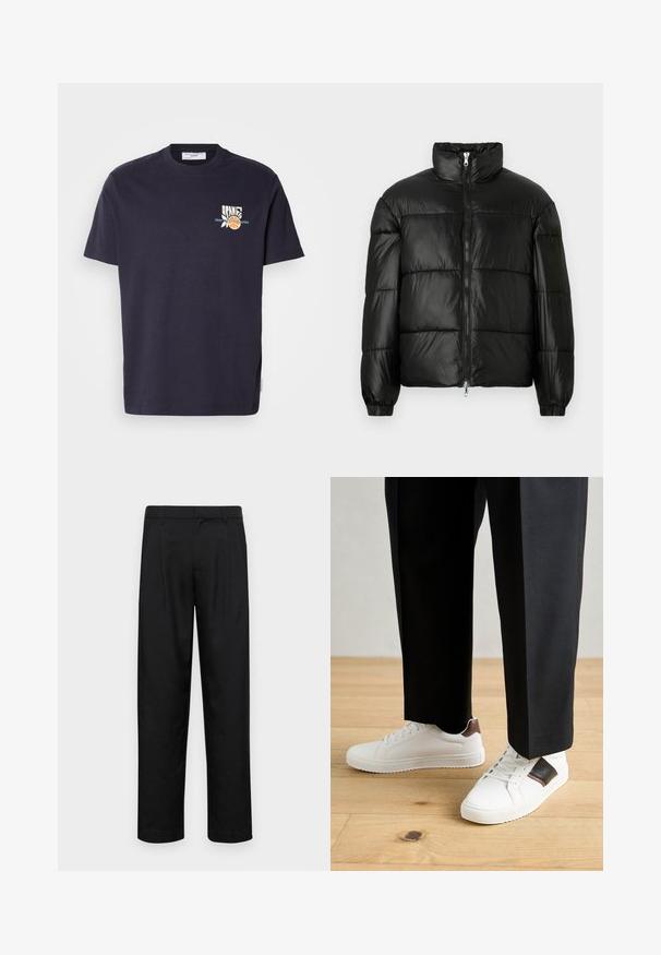 Melna pūkainā jaka ar augstu apkakli, rāvējslēdzēja priekšējo aizdari, quilted dizainu, elastīgām piedurknēm un spīdīgu, gludu auduma apdari.; Tumši zilas krāsas kokvilnas T-krekls ar apaļu kakla izgriezumu, īsām piedurknēm un grafisku dizainu, kas attēlo basketbola bumbu un tekstu kreisajā priekšpusē.; Melnas bikses, izgatavotas no gludas auduma, ar taisnu kāju dizainu, divām priekšējām krokām un standarta jostu, kurai ir āķi.; Baltā pārsoļa apavi ar gludu tekstūru, papildināti ar brūniem ādas akcentiem un melniem elementiem, savienoti ar melnām pielāgotām biksēm. Koka grīdas fons.