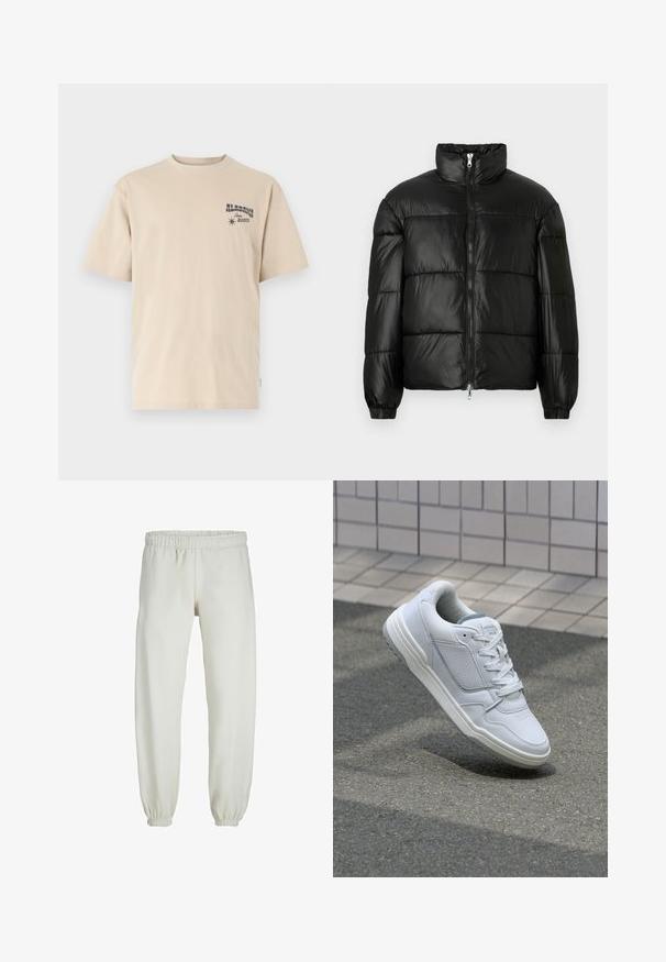 Chaqueta de pluma negra con un cuello alto, cierre frontal con cremallera, diseño acolchado, puños elásticos y acabado de tela brillante y suave.; Camiseta de algodón de manga corta en color beige. Presenta un estampado gráfico en el pecho izquierdo con el texto "ALABAMA Rodeo" y un ícono de estrella.; Pantalones de chándal blancos hechos de una tela suave, con cinturilla y puños elásticos, que presentan una textura suave y un diseño holgado.; Zapatilla blanca de cuero con lados perforados, acentos texturizados, cordones planos y un talón gris en contraste. Presenta una suela ligeramente elevada.