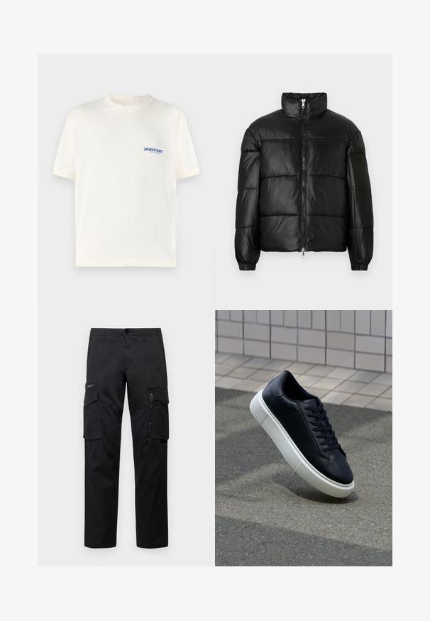 Črna pufasta jakna z visokim ovratnikom, z zadrgo spredaj, prešito zasnovo, elastičnimi manšetami in sijočim, gladkim zaključkom tkanine.; Kratka kremna majica s kratkimi rokavi, izdelana iz mehkega bombaža, z majhnim modrim potiskanim logotipom na levi strani prsnega koša. Klasična zasnova s krožnim ovratnikom.; Črne cargo hlače z več žepi, z zadrgo na stegnu, ravnim krojem in trdnim bombažnim materialom z rahlo sijajem.; Črne usnjene superge z zaobljenim prstom in belim gumijastim podplat. Imajo ravne vezalke in minimalno šivanje na zgornjem delu. Teksturirani podplat za oprijem.