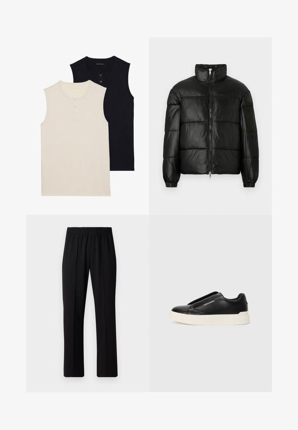Fekete puffernadrág magas gallérral, cipzáras elülső záródással, steppelt kialakítással, elasztikus mandzsettákkal és fényes, sima szövetfelülettel.; Két ujjatlan pamut felső: az egyik bézs, gombos kivágással, a másik egyszínű fekete. Mindkettő kerek nyakkivágással és testhez álló fazonnal rendelkezik.; Fekete, gumíros derekú nadrág egyenes szabással, sima felülettel, látható minták vagy fémrészek nélkül.; Fekete slip-on sneaker, textúrált bőrfelsővel, fehér gumitalppal és láthatatlan fűzőkkel. Az oldalon a márka logója található.