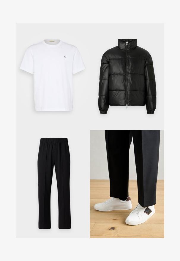 Mustat puffer-takki korkealla kauluksella, vetoketjukiinnitys edessä, tikattu malli, joustavat hihansuut ja kiiltävä, sileä kangasviimeistely.; Calvin Klein Jeans Plus PLUS EMBRO BADGE TEE - T-paita - bright white; Mustat, joustavat vyötäröhousut suoralla lahkeella, joissa on sileä pinta ilman näkyviä kuvioita tai metalliosia.; Valkoiset tennarit, joissa on sileä pinta, ruskealla nahka-akentilla ja mustilla yksityiskohdilla, yhdistetty mustiin räätälöityihin housuihin. Taustalla puulattia.
