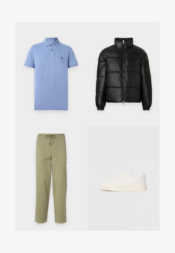 Czarna kurtka puchowa z wysokim kołnierzem, zapięciem na zamek błyskawiczny z przodu, pikowanym wzorem, elastycznymi mankietami oraz błyszczącym, gładkim wykończeniem materiału.; Jasnoniebieska koszulka polo wykonana z teksturowanej tkaniny, z klasycznym kołnierzykiem, zapięciem na dwa guziki i małym haftowanym logo na piersi.; Jasnooliwkowe spodnie z bawełnianej mieszanki, z elastycznym pasem ze sznurkiem oraz dwoma dużymi bocznymi kieszeniami.; Białe sneakersy wsuwane z teksturowanej powierzchni, grubą podeszwą i minimalistycznym designem. Zawierają logo marki z boku.